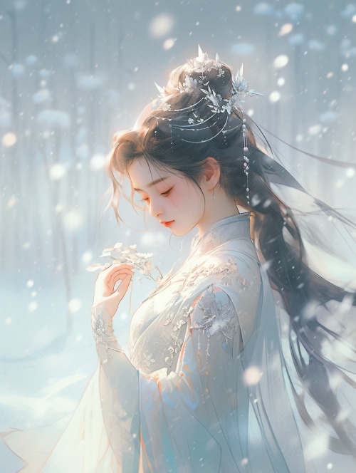 一个漂亮的中国女孩站在雪地里，穿着白色连衣裙，在空灵和梦幻般的氛围，穿着浅银和浅海蓝宝石的风格的连衣裙，发光的幻想，天使的翅膀，工笔，32k uhd, fairycore，详细的面部特征，黄金时代美学，冻结的运动，浪漫的情感，金色的光，神秘的肖像风格，雪景，小飞月，加斯顿·布西耶尔，闪闪发光的水倒影，女孩壁纸，与尼康d750拍摄的照片，冷冻运动