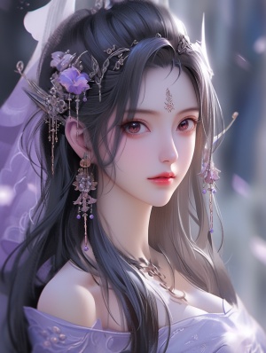 一个漂亮的中国女人，大眼睛，黑头发，迪斯尼动画风格，梦幻浪漫，强烈的面部表情，紫色和黑色，虚幻引擎风格5，柔和，浪漫的场景，32k uhd