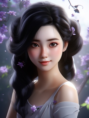 一个漂亮的中国女人，大眼睛，黑头发，迪斯尼动画风格，梦幻浪漫，强烈的面部表情，紫色和黑色，虚幻引擎风格5，柔和，浪漫的场景，32k uhd