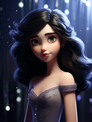 一个漂亮的中国女孩，大眼睛，黑头发，迪斯尼动画风格，梦幻浪漫，强烈的面部表情，紫色和黑色，虚幻引擎风格5，柔和，浪漫的场景，卡通3D，3D渲染，32k uhd