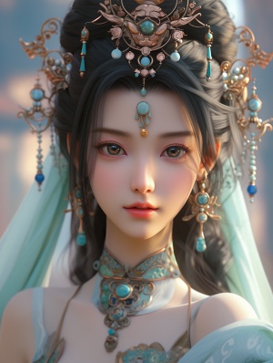 kim na hun chinese girls face eye makeup,in the style of light turquoise and yellow, lifelikerenderings, classical style, daz3d, olympus pen f, stylish costume design, traditional oil painting uhd 32K