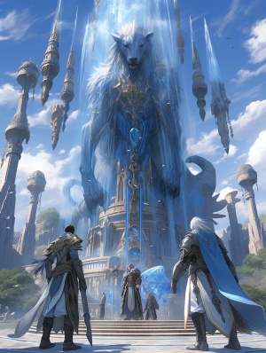 看不清脸的，装备精良的四人魔法小队站在繁华的魔法城市里，身旁除了他们无其他人，前方是两座巨大的骑士雕塑，在雕塑后方是雄伟神圣的圣殿，圣殿中心有着冲向天空的晶蓝光柱。人物背景细节丰富，俯瞰视角
