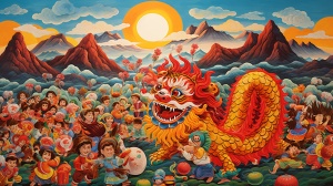 中国现代农村庆新春：彩龙狮舞与山区风景