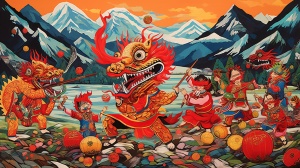 中国现代农村庆新春：彩龙狮舞与山区风景