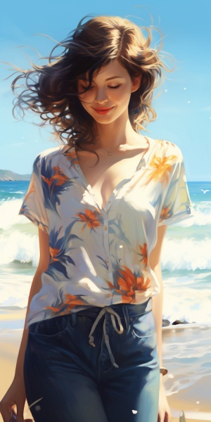 阳光海浪沙滩中的穿花衬衫女孩背影