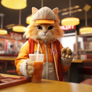 背景一家肯德基店里，个橘猫穿着外卖员的衣服,手里拿着外卖，正面对镜头