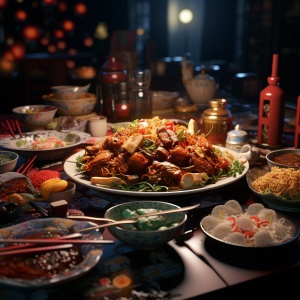 Chinese Food and 16K Movie Lighting Effects at New Year's Eve Dinner