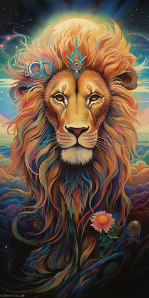 一只目光坚毅的狮子，在草原之巅迎接曙光，飘荡的鬃毛好像幻化为了火焰和彩虹