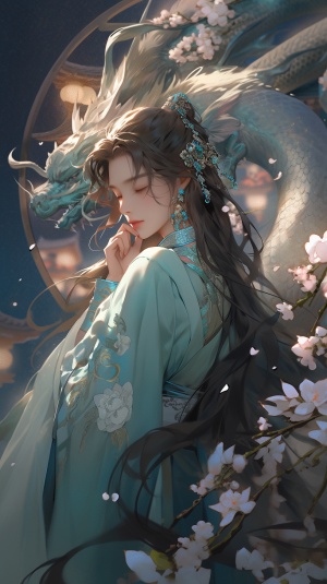 梦幻般的36K画质插图：中国古典女孩与金色龙