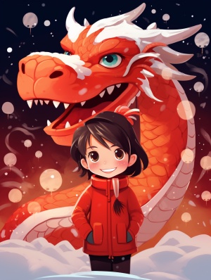 开心的红色龙与女孩在飘雪的红色背景下