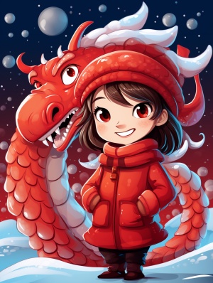 开心的红色龙与女孩在飘雪的红色背景下