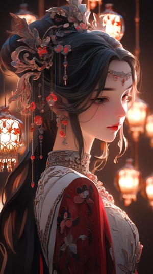 中国豆蔻少女，三维古风，穿着精美刺绣长衫的光彩照人女孩