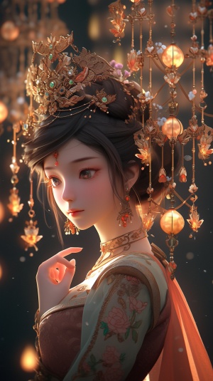 中国豆蔻少女，三维古风，穿着精美刺绣长衫的光彩照人女孩