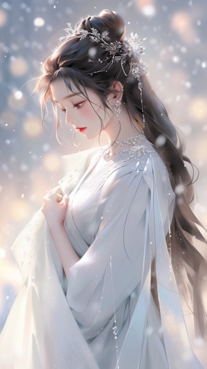 雪地里的漂亮中国女孩：穿着白色连衣裙的幻想天使
