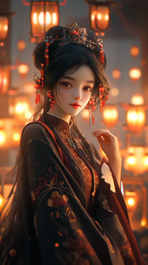 中国豆蔻少女，三维古风，一个穿着精美刺绣长衫的中国漂亮女孩，生物发光，闪闪发光，暗黑魔幻风格，艺术灯光，光彩照人，东方奇幻，3D渲染，超高清画质，36K