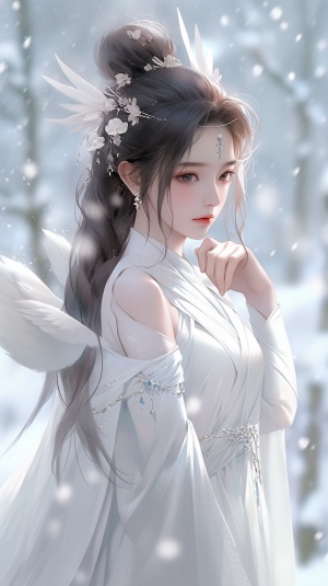 雪地里的漂亮中国女孩：穿着白色连衣裙的幻想天使