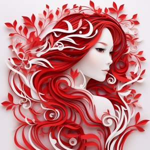 极简主义，中国红色剪纸，背景白色，神秘又美丽的女人