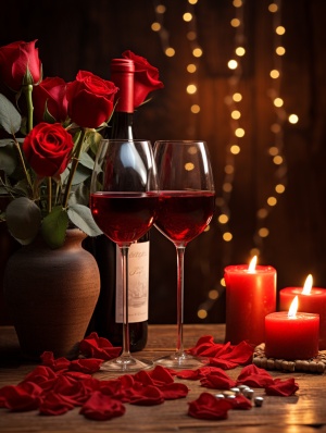 浪漫情人节红玫瑰花、爱心、红酒和蜡烛