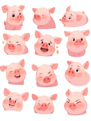 Cute Pig Expressions: Close-up Face and Full-body Emotions