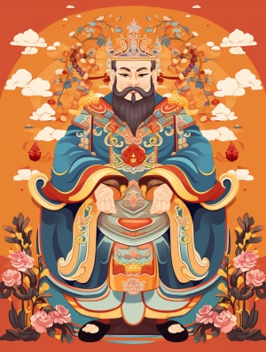 Flat Chinese God of Wealth in Traditional Printmaking
