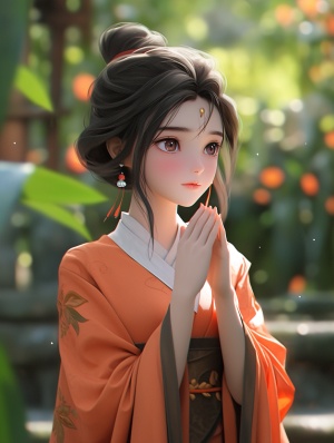 漂亮中国女孩穿古典汉服，迪斯尼动画风格，梦幻浪漫场景