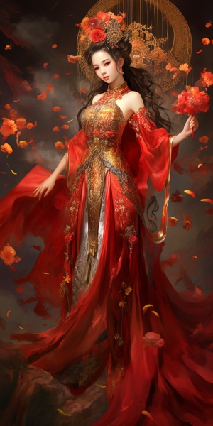 美女抱着满满一篮子金银元宝，挥手向画面外的方向撒金子，美女红色薄纱汉服，裙带飘逸，兴高采烈，画面呈现中国红色调，超高清画质。
