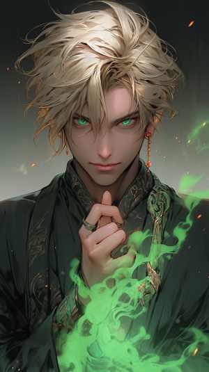金色短发，绿色眼睛，道士，手拿符咒的帅哥