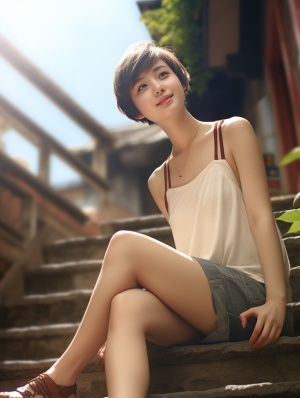 一个阳光短发中国女孩在坐台阶上，简单，高级感，开怀大笑