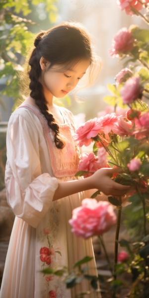清晨花园，汉服小姑娘手捧玫瑰花祝早上好