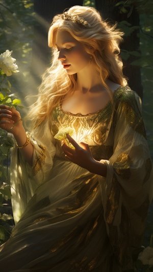 少女仿佛误入人间的森林公主，清绿色的流彩纹纱袖裙，勾勒的腰肢盈盈一握，裙摆绣着极淡的金线暗花，阳光照过来，泛着淡淡的光芒。