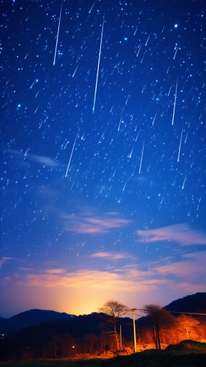 夜晚天空！, A breathtaking meteor shower illuminates the dark night sky, with countless shooting stars streaking across the horizon, creating trails of vibrant colors, wide-angle shot capturing the vastness of the celestial spectacle, realistic photographic style with a wide-angle lens