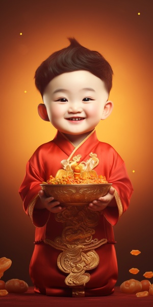可爱中国小小财神爷手持闪闪发光的大金碗
