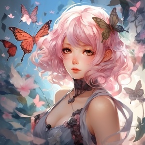 拥有粉红色头发和粉红色蝴蝶的动漫女孩，采用kawacy，pictorial harmony，osare kei，moyoco anno的风格