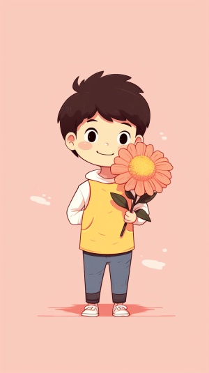 Playful Gongbi Cartoon: Boy with Pink Flower
