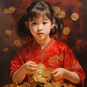 超精细8K国画：中国送财女童抱金元宝