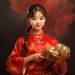 国画，中国年画，中国送财女童抱着金元宝，喜庆的红色背景，传统中国年画，8k，超精细，丰富细节