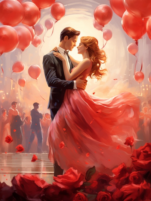 温馨浪漫的情人节场景中，财神撞上情人节，绚丽的红色玫瑰气球悠然飘动，营造出一片浪漫的氛围。迷人的玫瑰花朵簇拥在气球上，精致的花瓣散发着淡淡的芳香，轻柔地飘落在情侣们的头顶。婀娜多姿的气球舞者穿着亮丽的舞裙，在空中舞动，如同一颗颗闪烁的心形星星。恰到好处的灯光将场景点缀得如画，悄悄地照亮了每一颗情人节的心愿。
