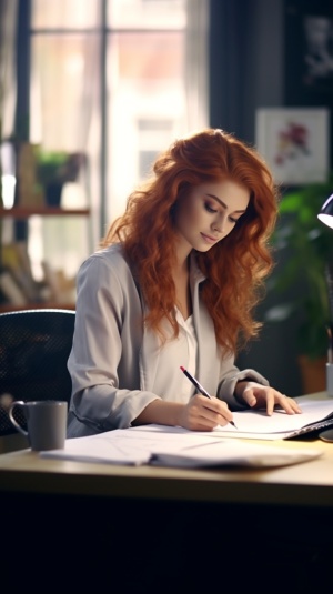 漂亮的铜色头发的女人穿着舒适的衣服在办公室的桌子上写字