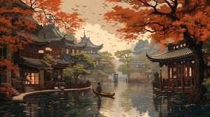 一幅画在庭院和小路上的人，以中国朋克风格，对自然的温柔描绘，古老的大师绘画和版画，彩色动画剧照，die br ü cke，木刻，浪漫的河景