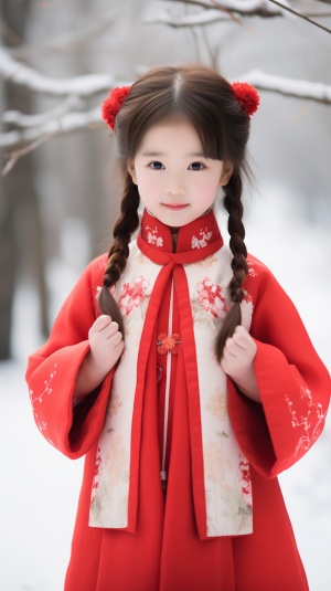 小女孩可爱精美冬装旗袍，甜美公主头、水汪汪大眼睛