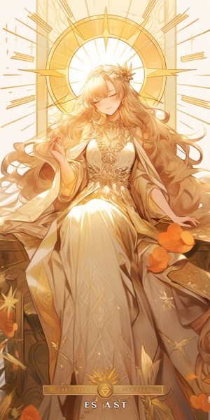 塔罗牌太阳拟人化，灿烂太阳下的美丽女神，金黄色长发，散发发型，闪闪发光的金王冠，华丽的金色礼服长裙