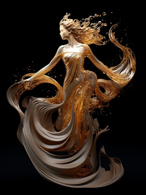 Woman in golden dress moves dancer's wings, in quantum wave trace, animated gif style, Chinese calligraphy effect, swirls, ornate, intricate lines, glass sculpture