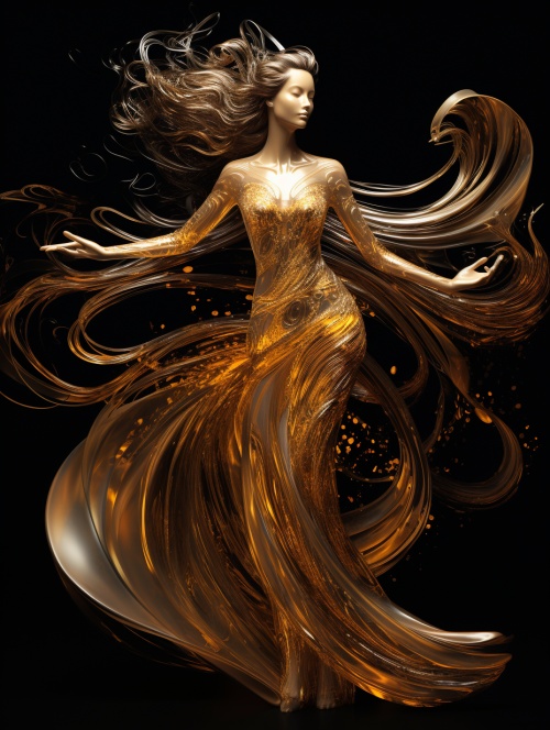 Woman in golden dress moves dancer's wings, in quantum wave trace, animated gif style, Chinese calligraphy effect, swirls, ornate, intricate lines, glass sculpture