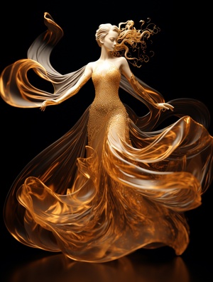 Woman in golden dress moves dancer's wings, in quantum wave trace, animated gif style, Chinese calligraphy effect, swirls, ornate, intricate lines, glass sculpture