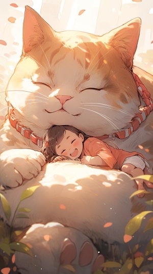 梦幻场景中的巨大猫与微笑小女孩