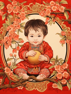 国画，中国年画，中国送财胖胖的可爱小女婴，喜庆的红色背景，传统中国年画，8k，超精细，丰富细节