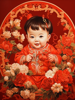 中国年画-可爱小女婴，喜庆红色背景，超精细