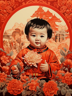 中国年画-可爱小女婴，喜庆红色背景，超精细