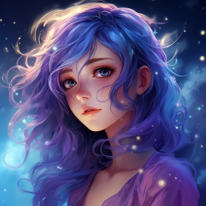 二次元动漫女生，蓝紫色系，酷一点，眼睛蓝色系，眼里有星星的感觉，发型披着，脸稍侧一点，衣服紫色系