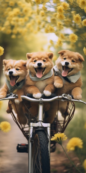 3只可爱小狗在花丛中骑自行车